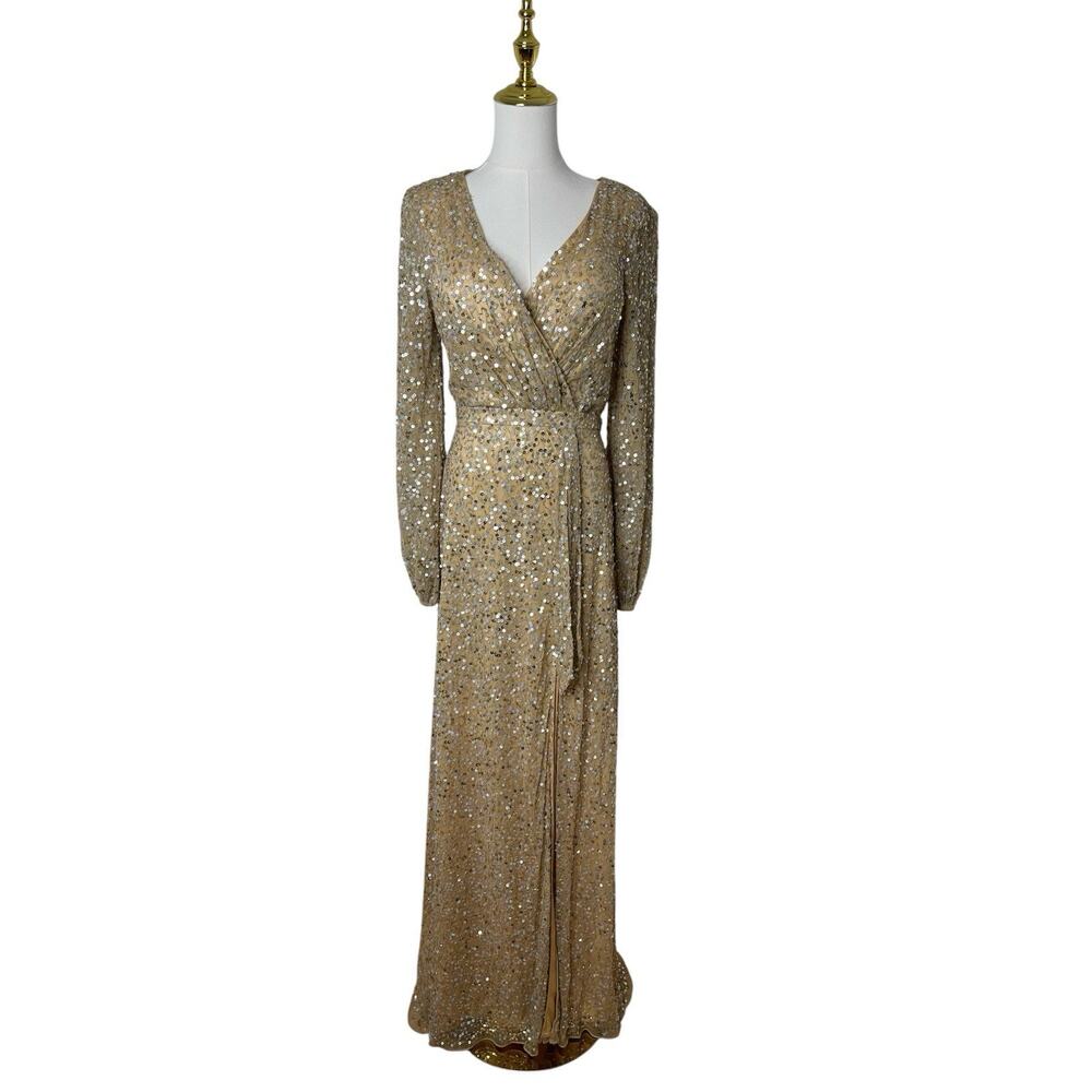 Mac Duggal 5213 Champagne Long Sleeve Sequin Gown Size 4 $498 - Picture 5 of 8